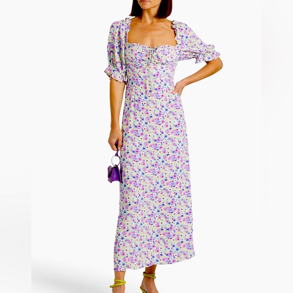 RIXO Montenegro Floral Ruffle Midi Dress Purple Silk Crepe UK 10 US 6